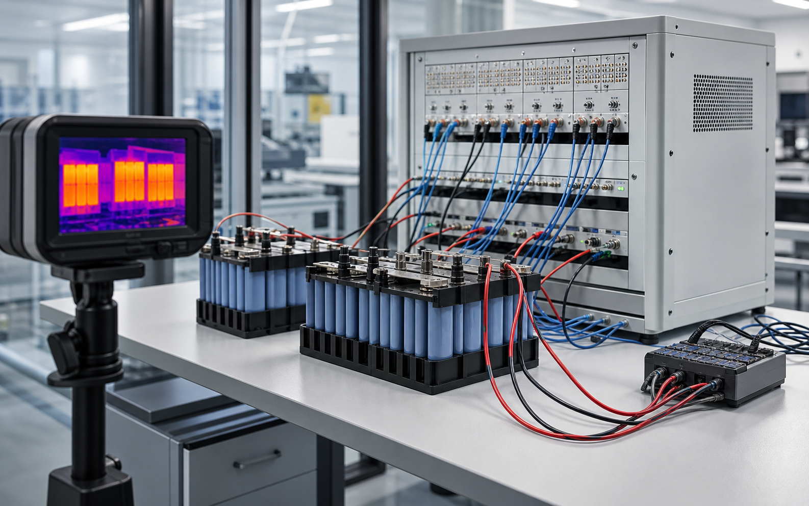 Battery testing equipment with cells, measurement cables and thermal monitoring