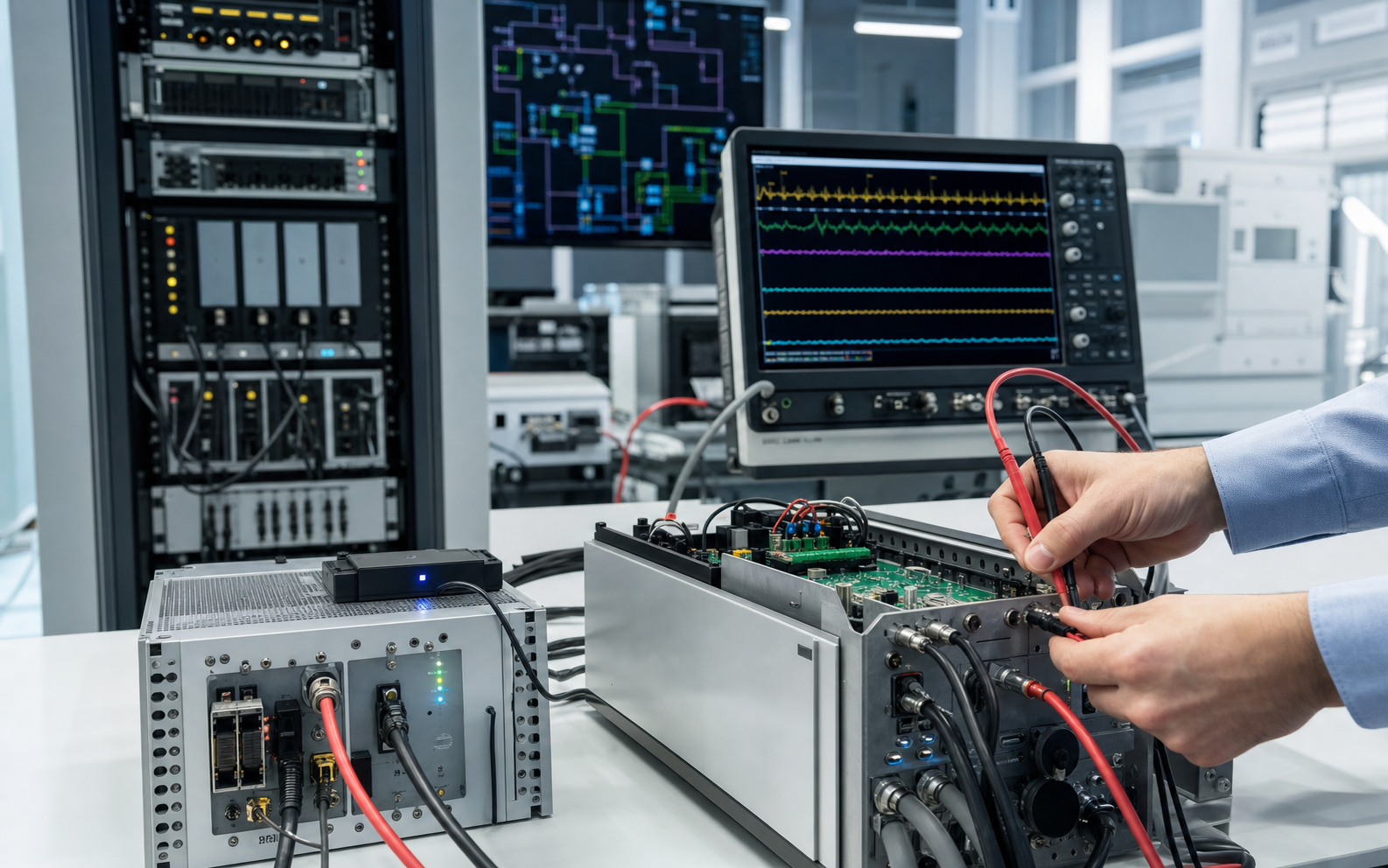 Hardware-in-the-loop control validation bench with simulator hardware and oscilloscope