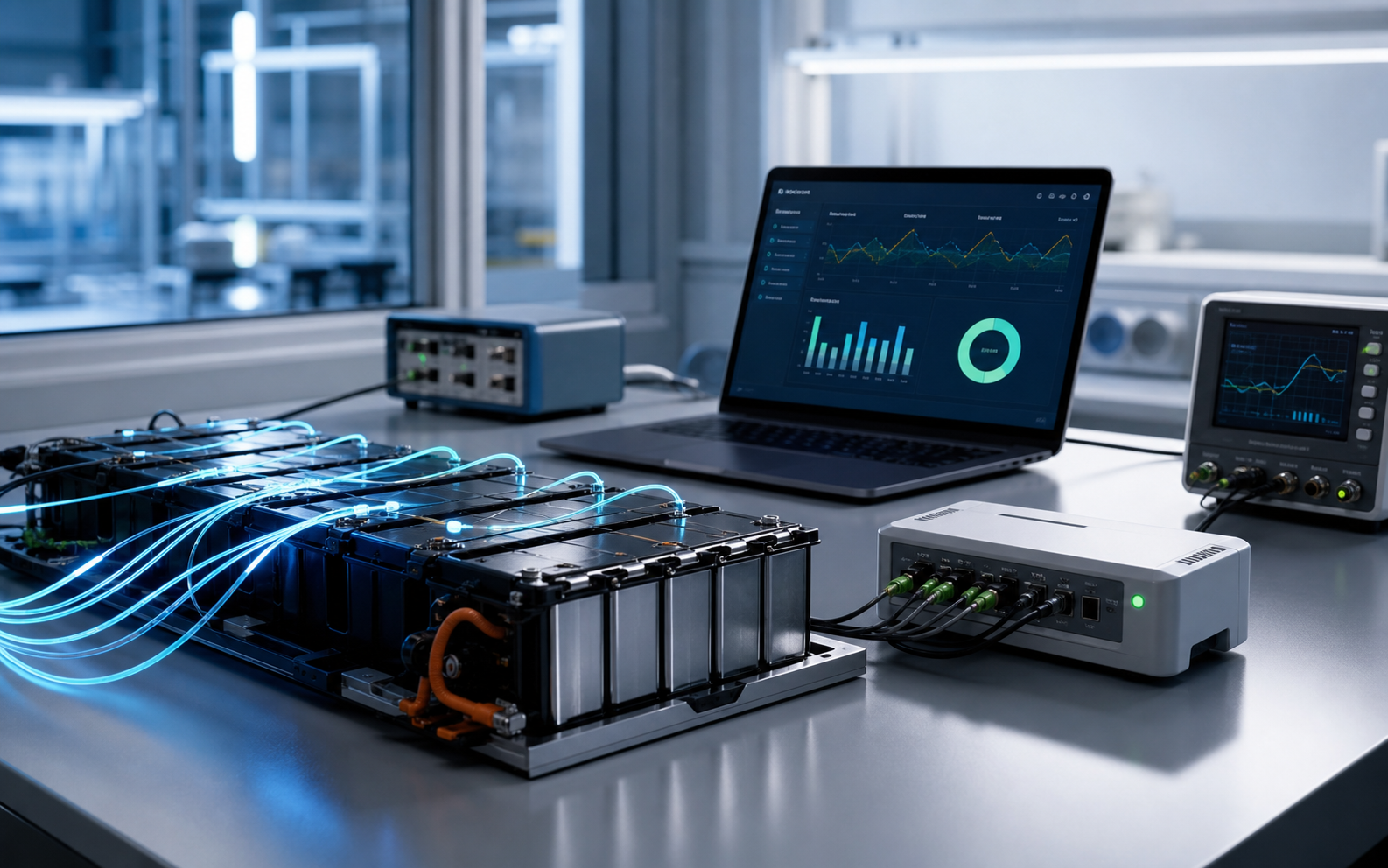 Battery diagnostics workstation with sensor-instrumented modules and monitoring dashboards