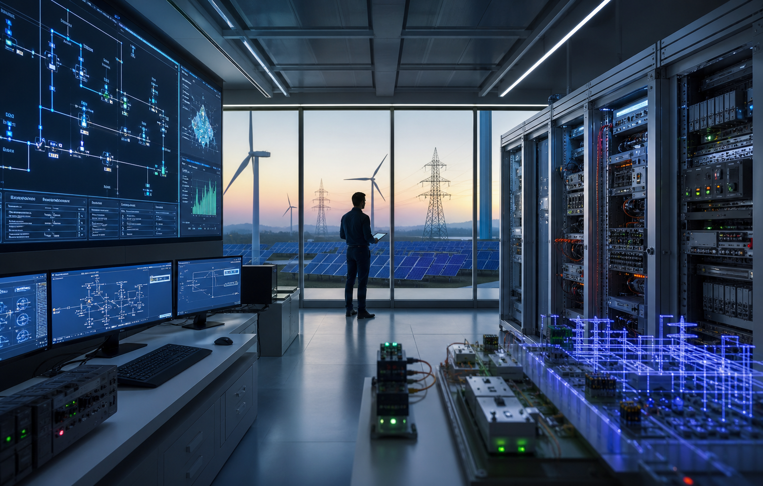 Smart grid laboratory with simulation screens and power electronics racks