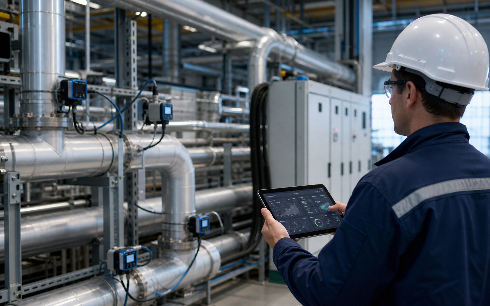 Industrial energy optimisation with sensors, pipework and engineering dashboard